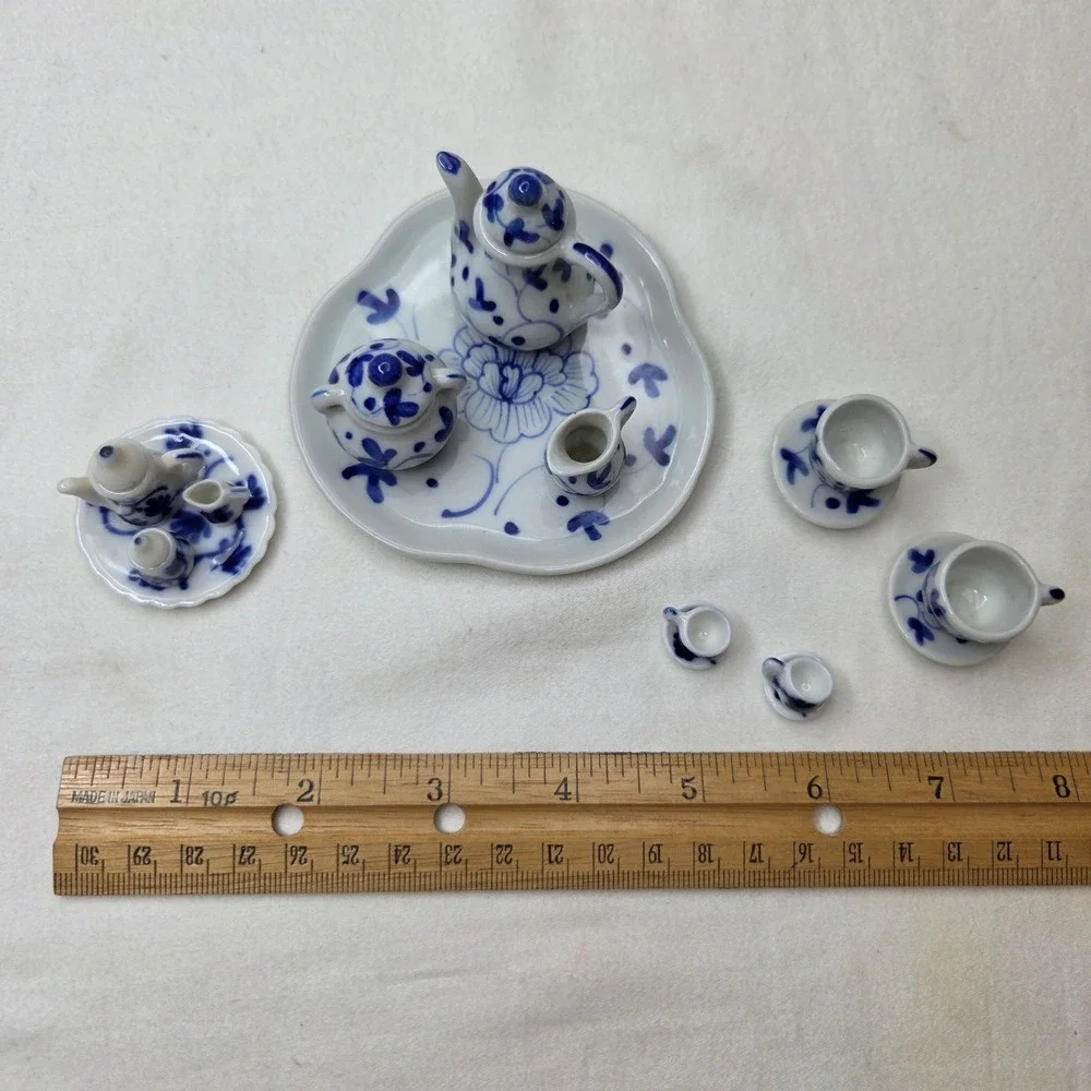 Vtg Handcrafted Thailand Blue White Porcelain Miniature Tea Set 20pc Lot